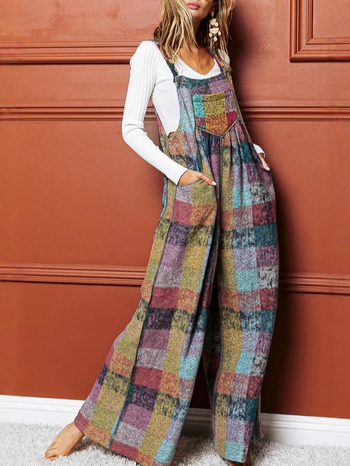 Női ujjatlan poliészter overál kockás mintával, laza derékkal és enyhén bővülő szárú