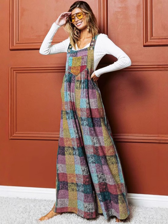 Női ujjatlan poliészter overál kockás mintával, laza derékkal és enyhén bővülő szárú