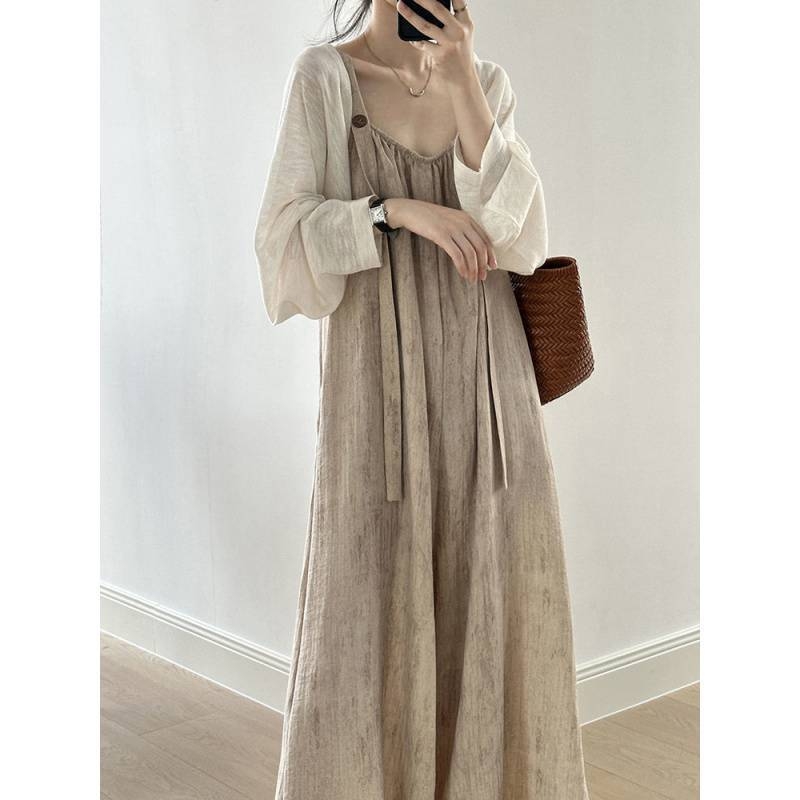 Дамски двукомпонентен комплект: презрамкови панталони и жилетка в японски стил, драпирана дълга рокля-комбинация, лято 2023, плат 95%+