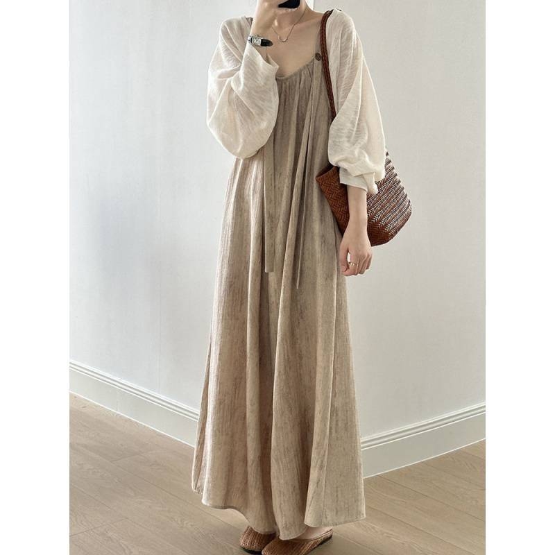 Дамски двукомпонентен комплект: презрамкови панталони и жилетка в японски стил, драпирана дълга рокля-комбинация, лято 2023, плат 95%+