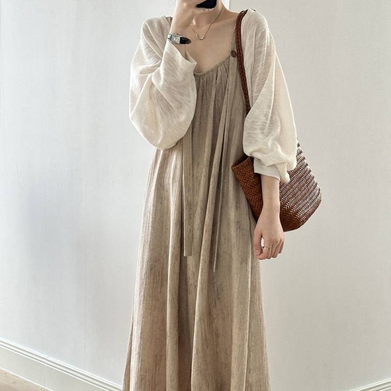 Дамски двукомпонентен комплект: презрамкови панталони и жилетка в японски стил, драпирана дълга рокля-комбинация, лято 2023, плат 95%+