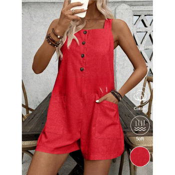 Φόρμα ολόσωμη χωρίς μανίκια, casual στιλ, πολυεστέρας, μονόχρωμη, φαρδιά μέση, ίσια γραμμή, μήκος παντελόνι τριών τεταρτών, καλοκαίρι 2025