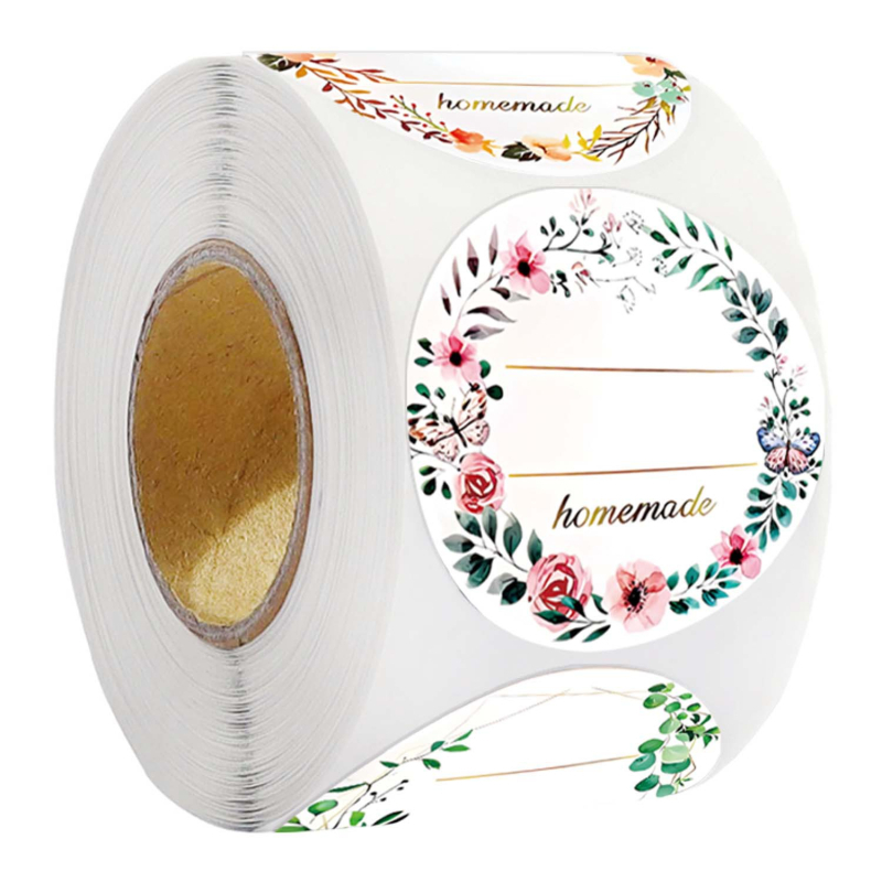 Стикери с цветя за декоративни подаръчни кутии, 500 броя на ролка; лепяща покрита хартия; бяла подложка; налична персонализация на обработката.