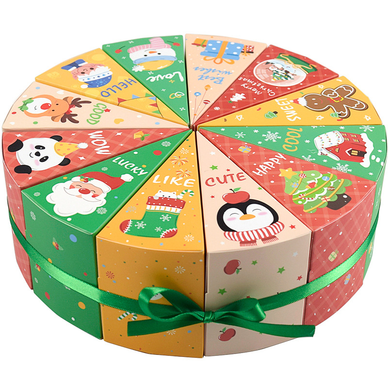 Cutii cadou de Crăciun pentru numărătoare (12 buc.) cu panglică de 100 cm — carton de 250 g, gravură în relief, stil desen animat