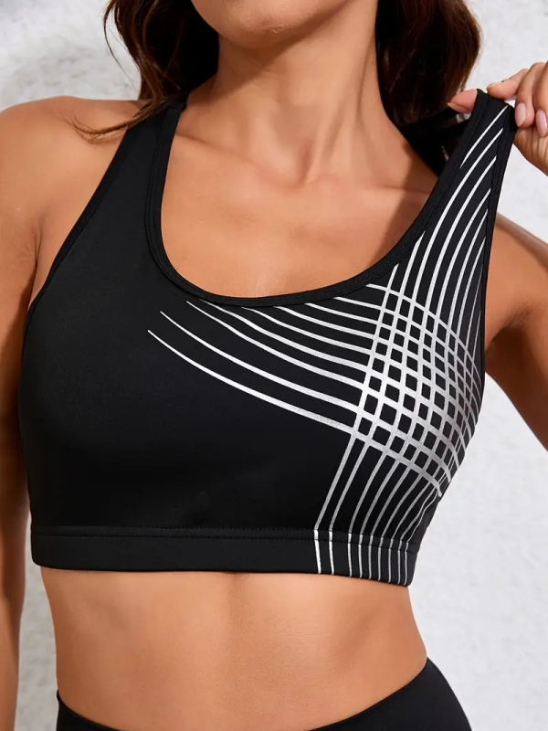 Женски спортен сутиен с принт, подвижни подплънки, висока еластичност, кръгло деколте – за бягане и йога. Основна материя: 90% полиестер, подплата 10% полиестер; дизайн: принт; презрамки: Y‑образни.