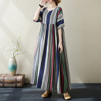 Φόρεμα — μποέμ ρετρό ριγέ από βαμβάκι-λίνο, μίντι Α-γραμμής, στρογγυλός λαιμός και κοντά μανίκια