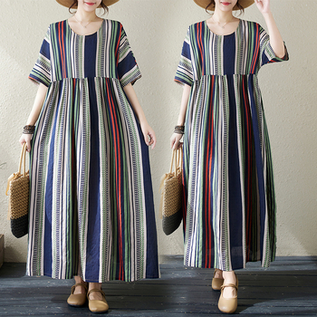 Φόρεμα — μποέμ ρετρό ριγέ από βαμβάκι-λίνο, μίντι Α-γραμμής, στρογγυλός λαιμός και κοντά μανίκια