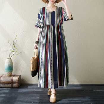 Φόρεμα — μποέμ ρετρό ριγέ από βαμβάκι-λίνο, μίντι Α-γραμμής, στρογγυλός λαιμός και κοντά μανίκια