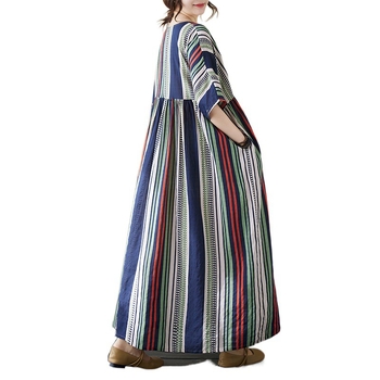 Φόρεμα — μποέμ ρετρό ριγέ από βαμβάκι-λίνο, μίντι Α-γραμμής, στρογγυλός λαιμός και κοντά μανίκια