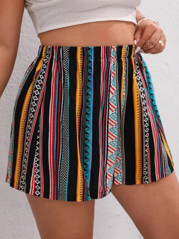 Moteriški poliesteriniai šortai su dryžių spauda – 3/4 ilgio, laisvas juosmuo, vasara 2025