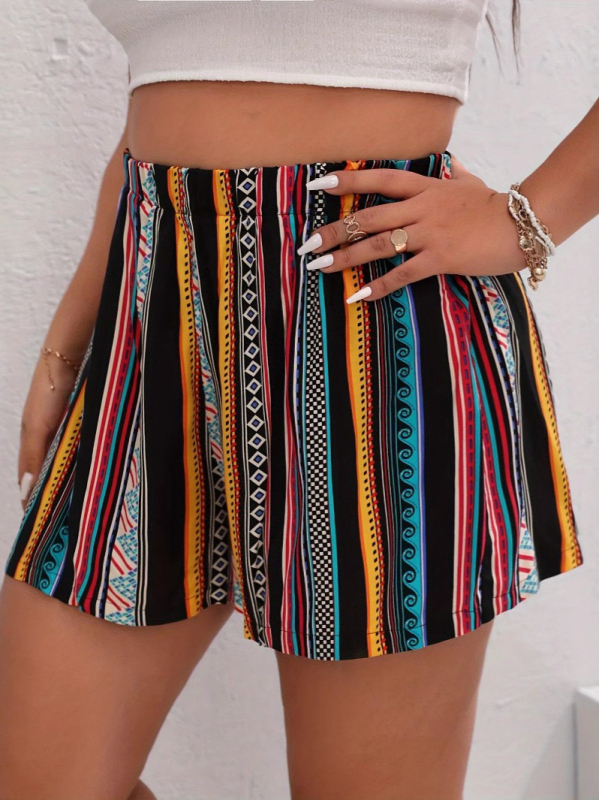 Moteriški poliesteriniai šortai su dryžių spauda – 3/4 ilgio, laisvas juosmuo, vasara 2025