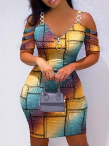 Γυναικείο φόρεμα με V-λαιμό, μανίκια raglán, σιλουέτα με φούστα ισχίου, μέση στη μέση, ύφασμα πολυεστέρας