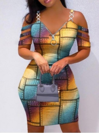 Γυναικείο φόρεμα με V-λαιμό, μανίκια raglán, σιλουέτα με φούστα ισχίου, μέση στη μέση, ύφασμα πολυεστέρας