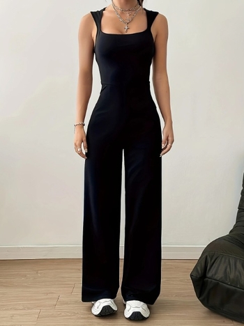 Γυναικεία ολόσωμη φόρμα, χωρίς μανίκια, τετράγωνη λαιμόκοψη, ευρεία παντελόνια, υψηλή μέση, πολυεστερικό ύφασμα