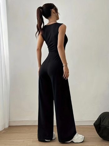 Γυναικεία ολόσωμη φόρμα, χωρίς μανίκια, τετράγωνη λαιμόκοψη, ευρεία παντελόνια, υψηλή μέση, πολυεστερικό ύφασμα