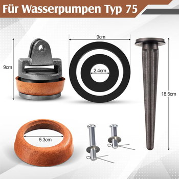 Чугунена ръчна помпа — пистон, купа от телешка кожа и гумена подложка, пълен комплект принадлежности