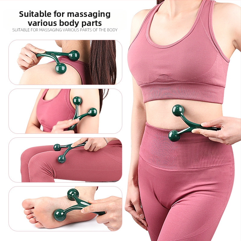 Masážny valec s tromi guľami na tvár a telo — ručné akupresúrne masážne zariadenie, PS materiál, hmotnosť 71 g