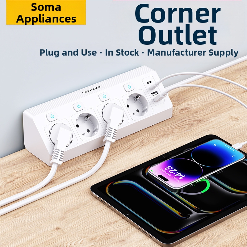 Europos kampinis lizdas su USB įkrovimu, 4 lizdai, nepriklausomas jungiklis, 16A, 250V