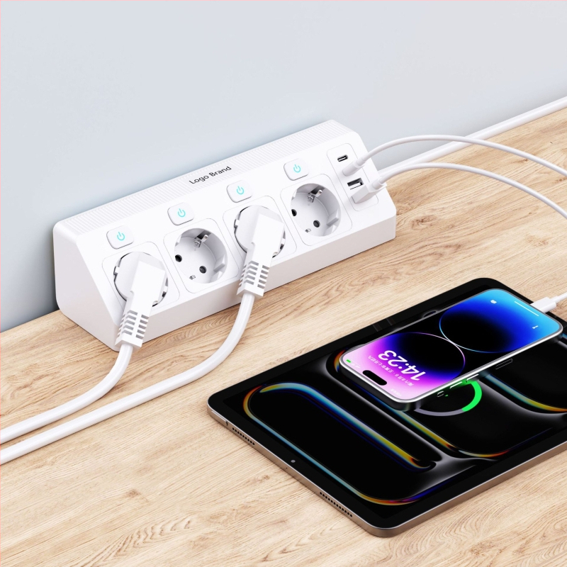Európska rohová zásuvka s USB nabíjaním, 4 zásuvky, nezávislý vypínač, 16A, 250V