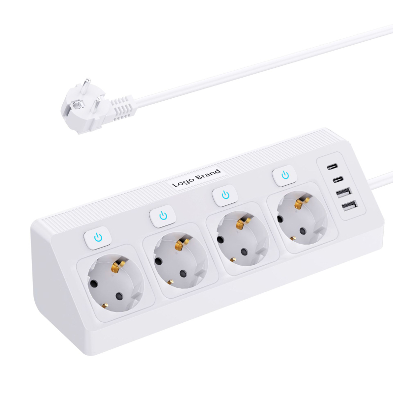 Европейски ъглов контакт с USB зареждане, 4 гнезда, независим превключвател, 16A, 250V