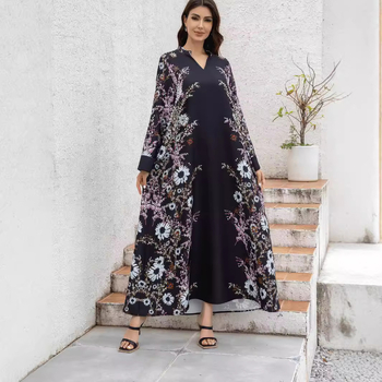 Női jalabiya ruha digitális nyomtatással, poliészter anyagból, 95%+ poliészter összetétel, hosszú szoknya, hosszú ujjú