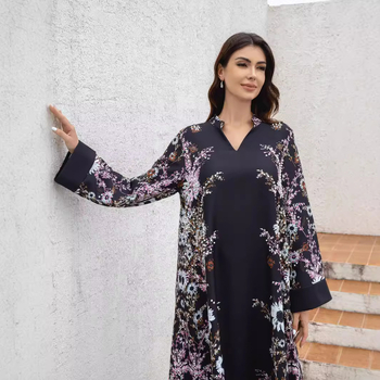 Ρόμπα jalabiya για γυναίκες με ψηφιακή εκτύπωση, πολυεστέρας, σύνθεση υφάσματος 95%+, μακριά φούστα, μακριά μανίκια