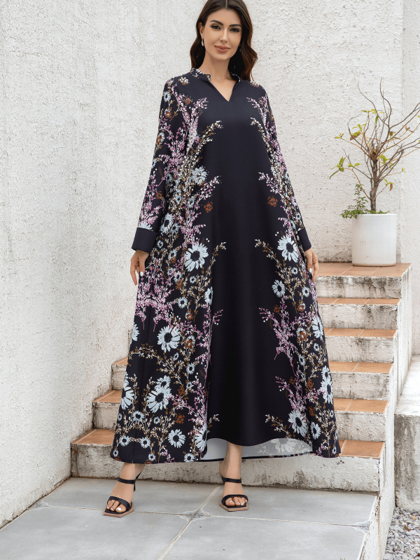 Női jalabiya ruha digitális nyomtatással, poliészter anyagból, 95%+ poliészter összetétel, hosszú szoknya, hosszú ujjú