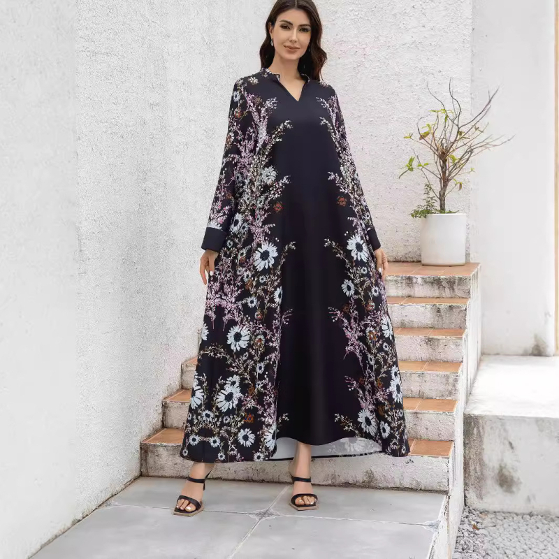 Női jalabiya ruha digitális nyomtatással, poliészter anyagból, 95%+ poliészter összetétel, hosszú szoknya, hosszú ujjú