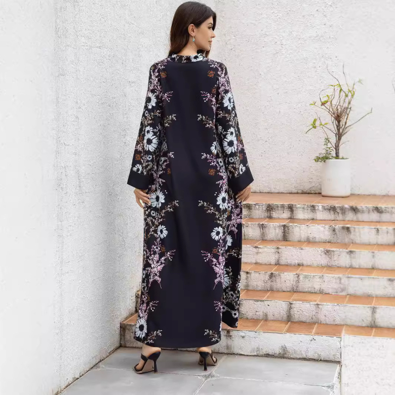 Női jalabiya ruha digitális nyomtatással, poliészter anyagból, 95%+ poliészter összetétel, hosszú szoknya, hosszú ujjú