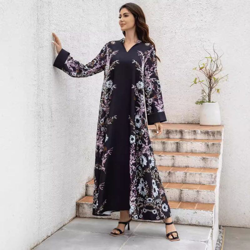 Női jalabiya ruha digitális nyomtatással, poliészter anyagból, 95%+ poliészter összetétel, hosszú szoknya, hosszú ujjú