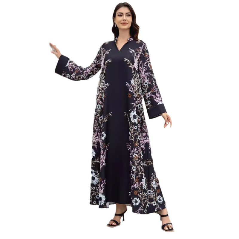 Női jalabiya ruha digitális nyomtatással, poliészter anyagból, 95%+ poliészter összetétel, hosszú szoknya, hosszú ujjú