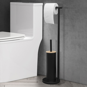 Pastatomas grindų klozeto šepetėlio ir tualetinio popieriaus laikiklis su integruota šepetėle valymui — plieninė konstrukcija, purškiamas paviršius, apvalus siluetas, lengvas prabangos stilius