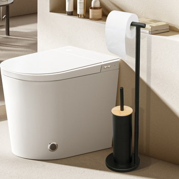 Pastatomas grindų klozeto šepetėlio ir tualetinio popieriaus laikiklis su integruota šepetėle valymui — plieninė konstrukcija, purškiamas paviršius, apvalus siluetas, lengvas prabangos stilius