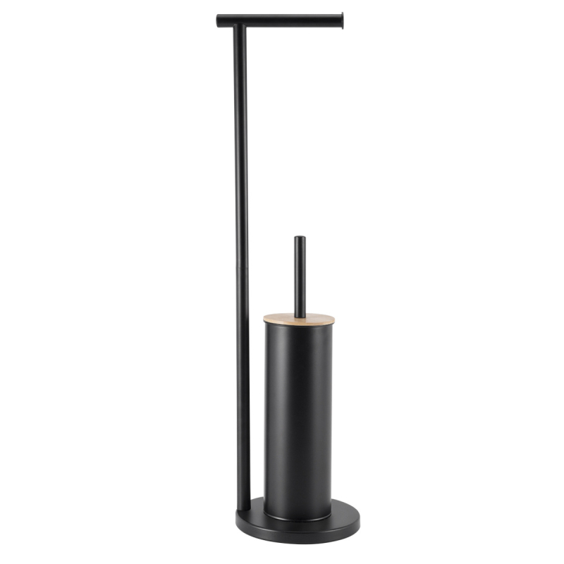 Pastatomas grindų klozeto šepetėlio ir tualetinio popieriaus laikiklis su integruota šepetėle valymui — plieninė konstrukcija, purškiamas paviršius, apvalus siluetas, lengvas prabangos stilius