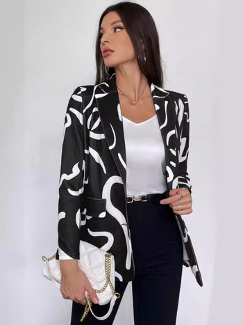 Γυναικείο μικρό κοστούμι με σχέδιο ζωγραφικής, πέτο γιακά, μεσαίο μήκος, πολυεστέρας 80–90%