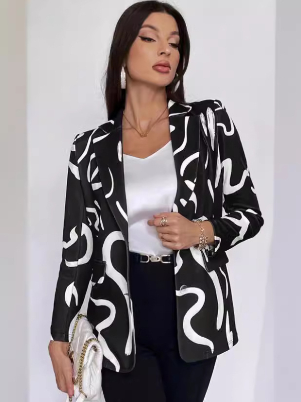 Naise kostüüm maalimise mustriga, kaeluse klapos, keskmise pikkusega, polüester 80–90%