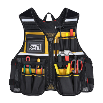 Жилет за инструменти от водоустойчив Oxford плат, подсилена износоустойчива конструкция и джобове за бърз достъп до инструменти