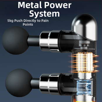 Raumenų masažo pistole su 6+ galvutėmis, įkraunama baterija 1200–2000 mAh, kompaktiška nešiojama, keli greičiai, garsas < 36 dB