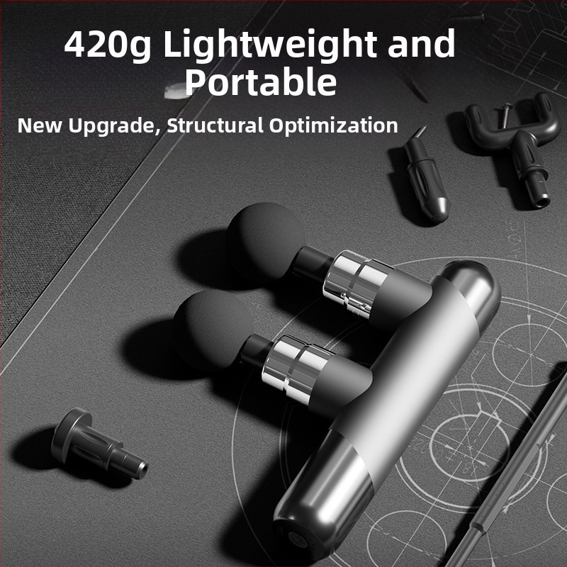 Raumenų masažo pistole su 6+ galvutėmis, įkraunama baterija 1200–2000 mAh, kompaktiška nešiojama, keli greičiai, garsas < 36 dB