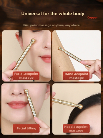 Bronzinė ilga akupunktūrinė lazdelė kojų masažui – akupresūros įrankis su meridianų žemėlapiu ir apsauginiu gaubtuvu