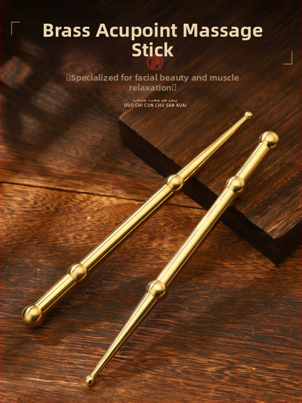 Bronzinė ilga akupunktūrinė lazdelė kojų masažui – akupresūros įrankis su meridianų žemėlapiu ir apsauginiu gaubtuvu