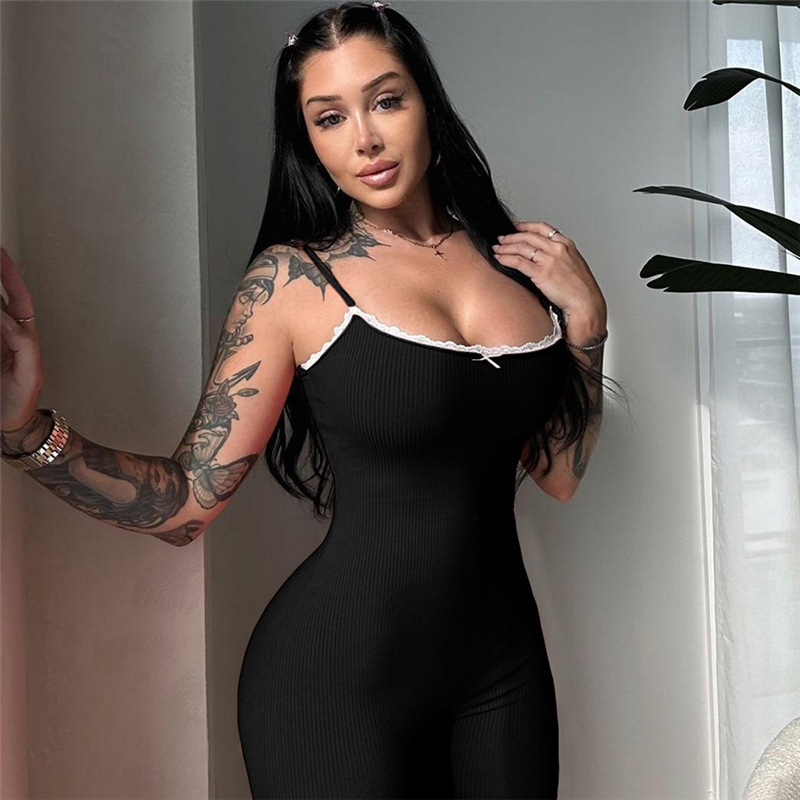 Ολόσωμη φόρμα από πολυεστέρα με φιόγκο και τιράντες, χωρίς μανίκια, υψηλή μέση, στενή γραμμή, μικροελαστικότητα, φθινόπωρο 2024