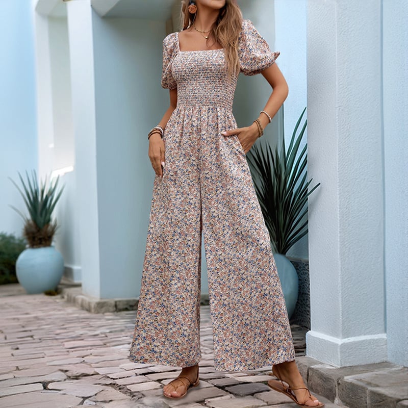 Cvjetni jumpsuit s kvadratnim izrezom, balon rukavima 3/4, visokim strukom i širokim hlačama, poliester