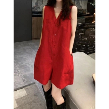 Женски гащеризон в корейски стил за градски стил, без ръкави, V‑образно деколте, висока талия, широки крачоли, лято 2024