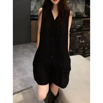 Женски гащеризон в корейски стил за градски стил, без ръкави, V‑образно деколте, висока талия, широки крачоли, лято 2024