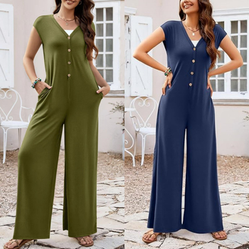 Γυναικείος αμάνικος ολόσωμος jumpsuit με φαρδιά παντελόνια, ελαστική μέση, πολυεστέρας, κουμπιά εμπρός, φθινόπωρο 2024