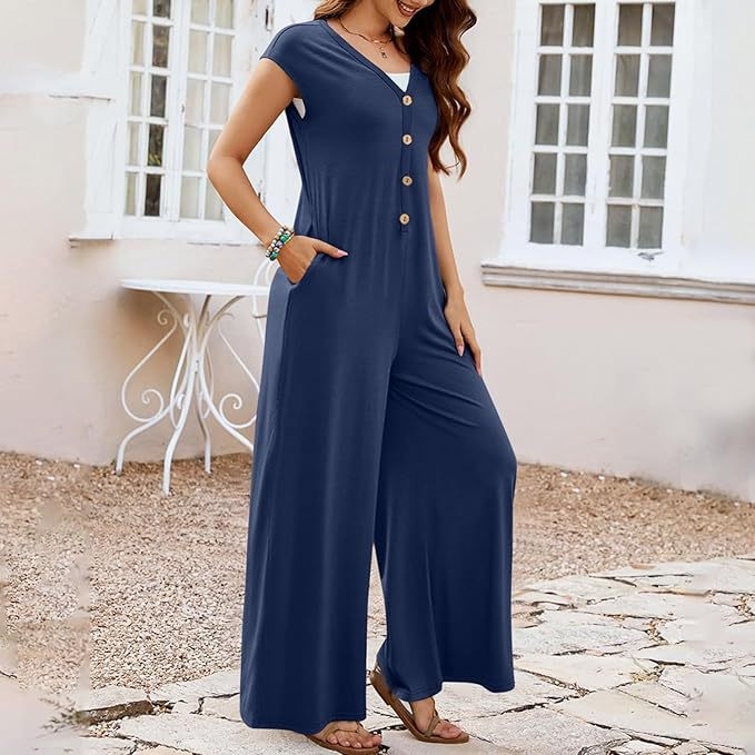 Γυναικείος αμάνικος ολόσωμος jumpsuit με φαρδιά παντελόνια, ελαστική μέση, πολυεστέρας, κουμπιά εμπρός, φθινόπωρο 2024
