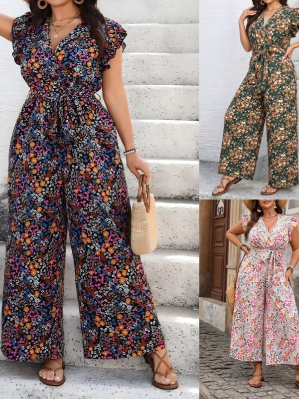 Дамски безръкав комбинезон с талията и широки крачоли, флорален принт, полиестер-спандекс смес