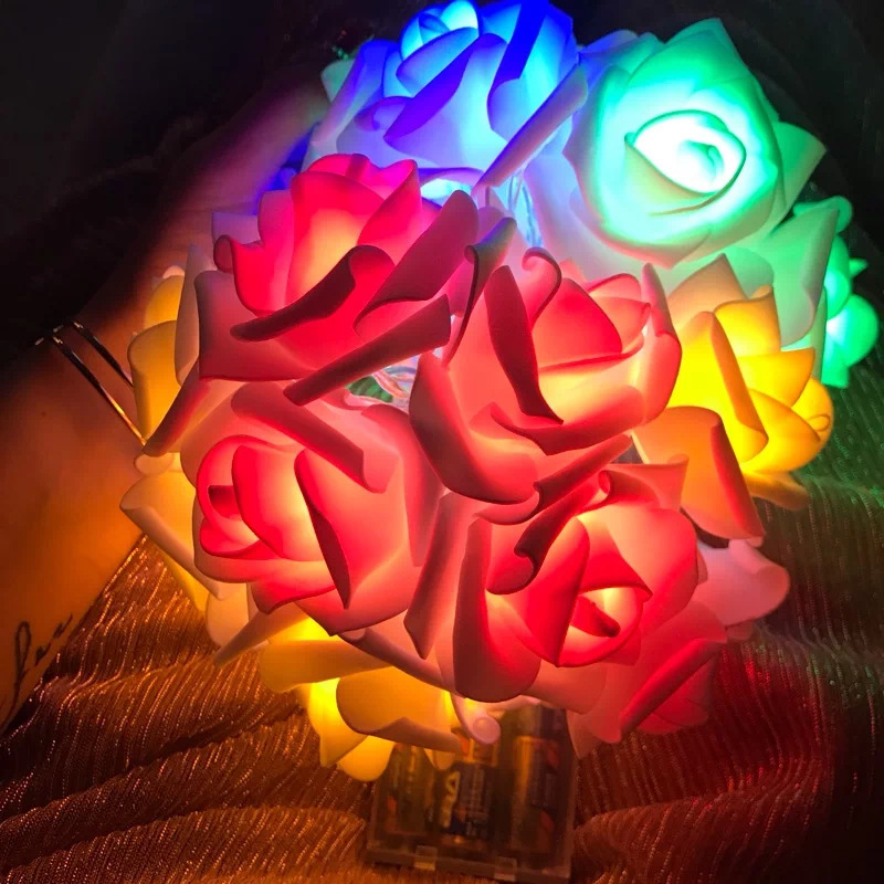 Rózsa alakú LED-sor akkumulátortartóval, 20 LED, állítható fényerő, IP44, otthoni, esküvői és karácsonyi dekorációhoz