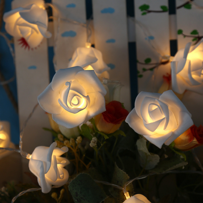 Rózsa alakú LED-sor akkumulátortartóval, 20 LED, állítható fényerő, IP44, otthoni, esküvői és karácsonyi dekorációhoz